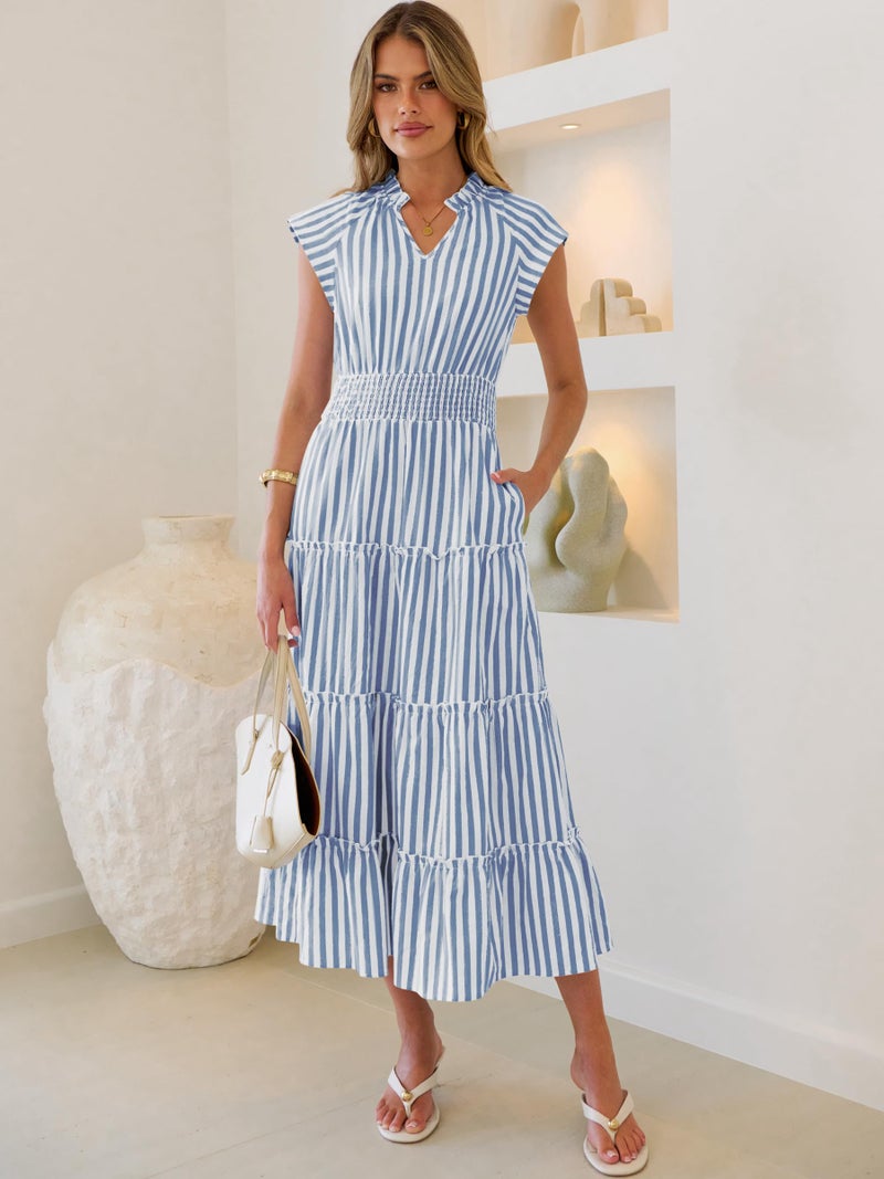 Caracilia Womens Summer Maxi Dresses Casual V Neck Cap Sleeve Gingham Striped Dress Flowy Tiered Beach Vacation Midi Sundress Blue White Striped X-Large - Image 3