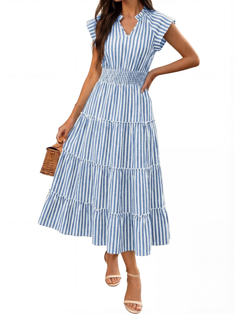 Caracilia Womens Summer Maxi Dresses Casual V Neck Cap Sleeve Gingham Striped Dress Flowy Tiered Beach Vacation Midi Sundress Blue White Striped X-Large - Image 1