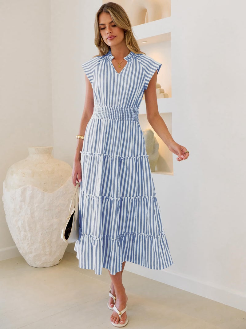 Caracilia Womens Summer Maxi Dresses Casual V Neck Cap Sleeve Gingham Striped Dress Flowy Tiered Beach Vacation Midi Sundress Blue White Striped X-Large - Image 4