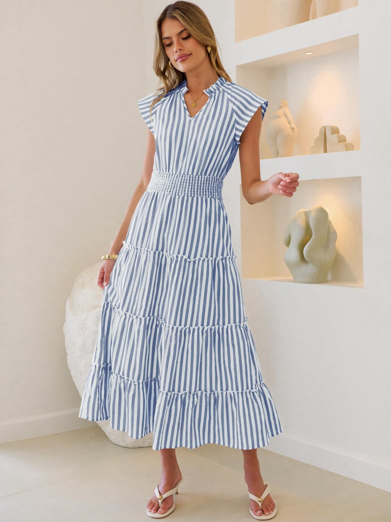 Caracilia Womens Summer Maxi Dresses Casual V Neck Cap Sleeve Gingham Striped Dress Flowy Tiered Beach Vacation Midi Sundress Blue White Striped X-Large - Image 5