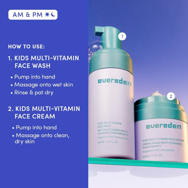 Evereden Fragrance-Free Kids Happy Face Duo - Unscented Multi-Vitamin Face Wash & Face Cream Set - Clean & Vegan Skin Care for Kids 3+ - Moisturizing, Nourishing, & Protective Skin Care Set - Image 4