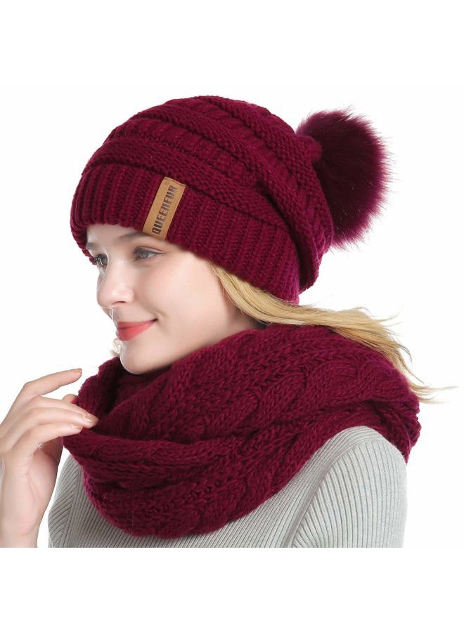 QUEENFUR Winter Women Thick Cable Knit Ribbed Infinity Circle Loop Scarf, 06a- Burgundy Beanie&scarf Set, One size - Image 1