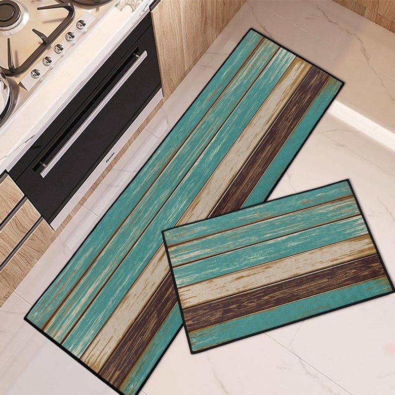 Tayney Rustic Kitchen Rugs and Mats Non Skid Washable Set of 2, Teal Country Wood Board Mats for Floor, Turquoise Brown Stripes Runner Rug Wooden Plank Texture Kitchen Decor - Image 1