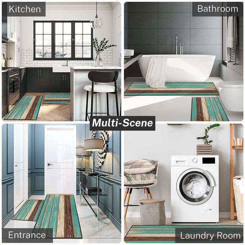 Tayney Rustic Kitchen Rugs and Mats Non Skid Washable Set of 2, Teal Country Wood Board Mats for Floor, Turquoise Brown Stripes Runner Rug Wooden Plank Texture Kitchen Decor - Image 4