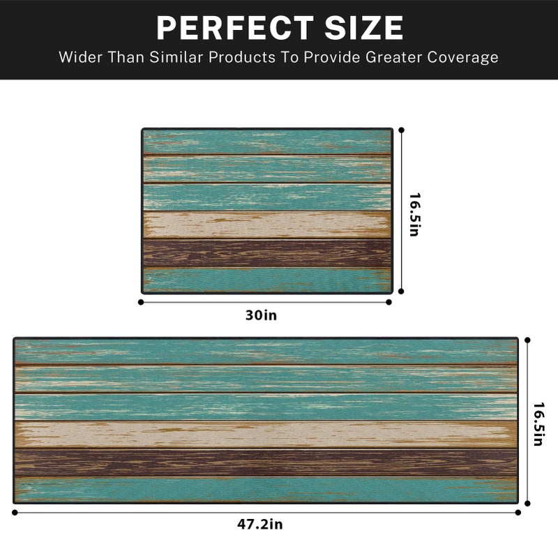 Tayney Rustic Kitchen Rugs and Mats Non Skid Washable Set of 2, Teal Country Wood Board Mats for Floor, Turquoise Brown Stripes Runner Rug Wooden Plank Texture Kitchen Decor - Image 3