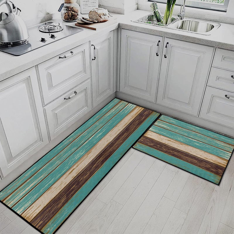 Tayney Rustic Kitchen Rugs and Mats Non Skid Washable Set of 2, Teal Country Wood Board Mats for Floor, Turquoise Brown Stripes Runner Rug Wooden Plank Texture Kitchen Decor - Image 2