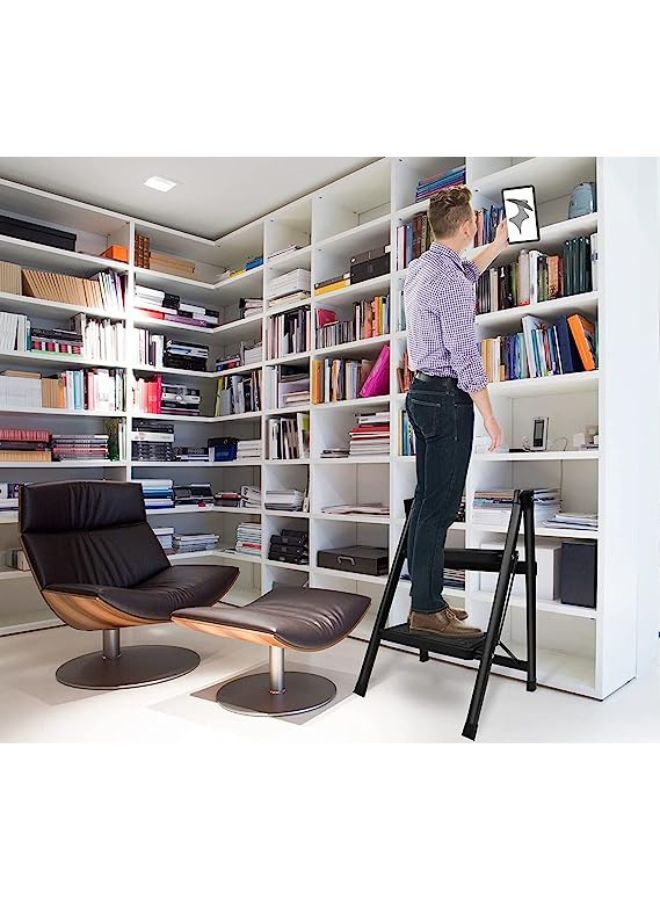 2 Step Ladder Folding Step Stool with Anti-Slip Sturdy and Wide Pedal Aluminum Portable Lightweight Step Stool for Adults Multi-Use for Home and Kitchen Black - Image 3