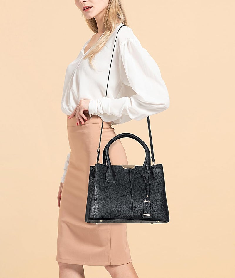 Covelin Women's Top-handle Cross Body Handbag Middle Size Purse Durable Leather Tote Bag Black - Image 5
