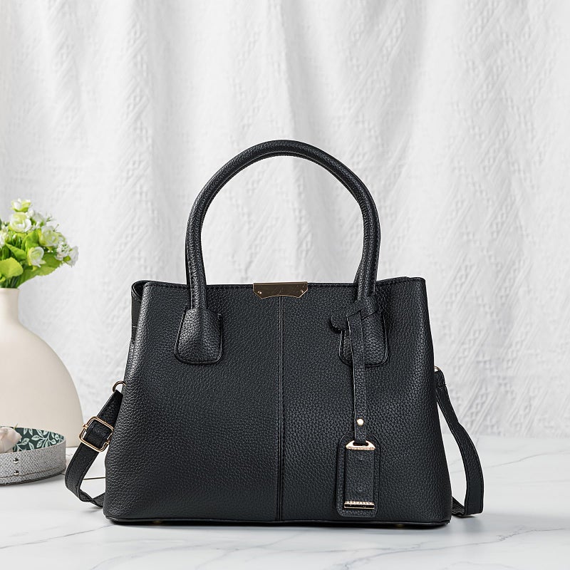 Covelin Women's Top-handle Cross Body Handbag Middle Size Purse Durable Leather Tote Bag Black - Image 2