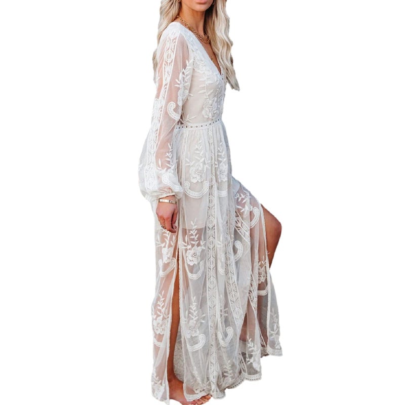 amropi Womens Deep V Neck Short Sleeve Floral Lace Dress Long Bridesmaid Maxi Dresses White-0,M - Image 4