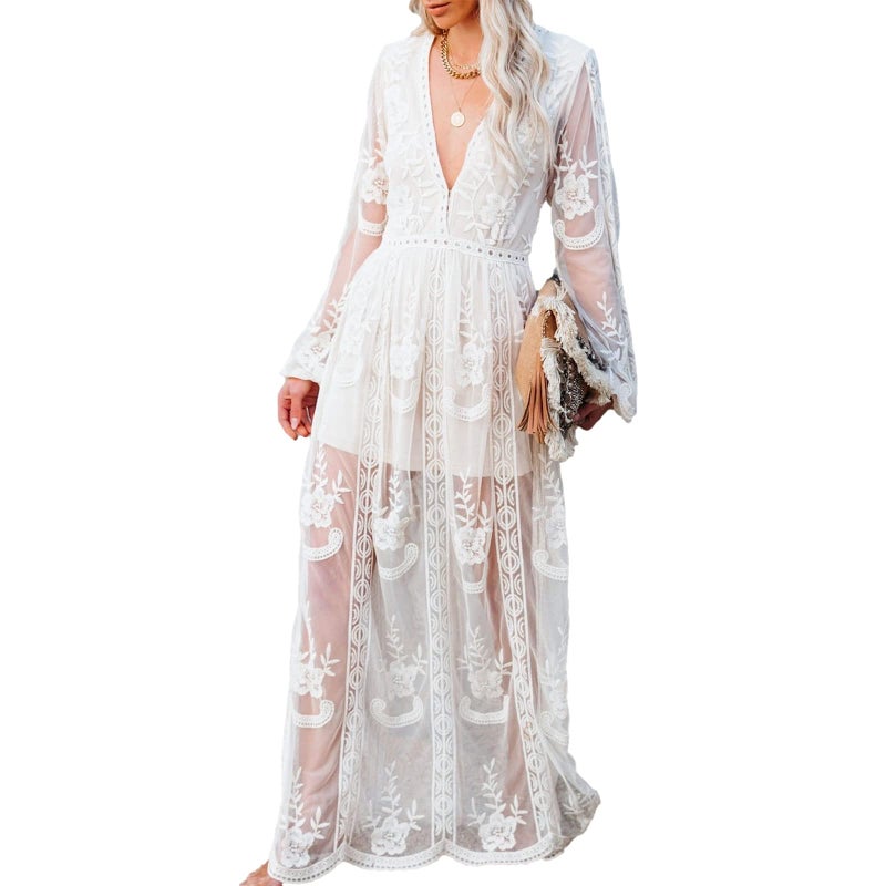 amropi Womens Deep V Neck Short Sleeve Floral Lace Dress Long Bridesmaid Maxi Dresses White-0,M - Image 1