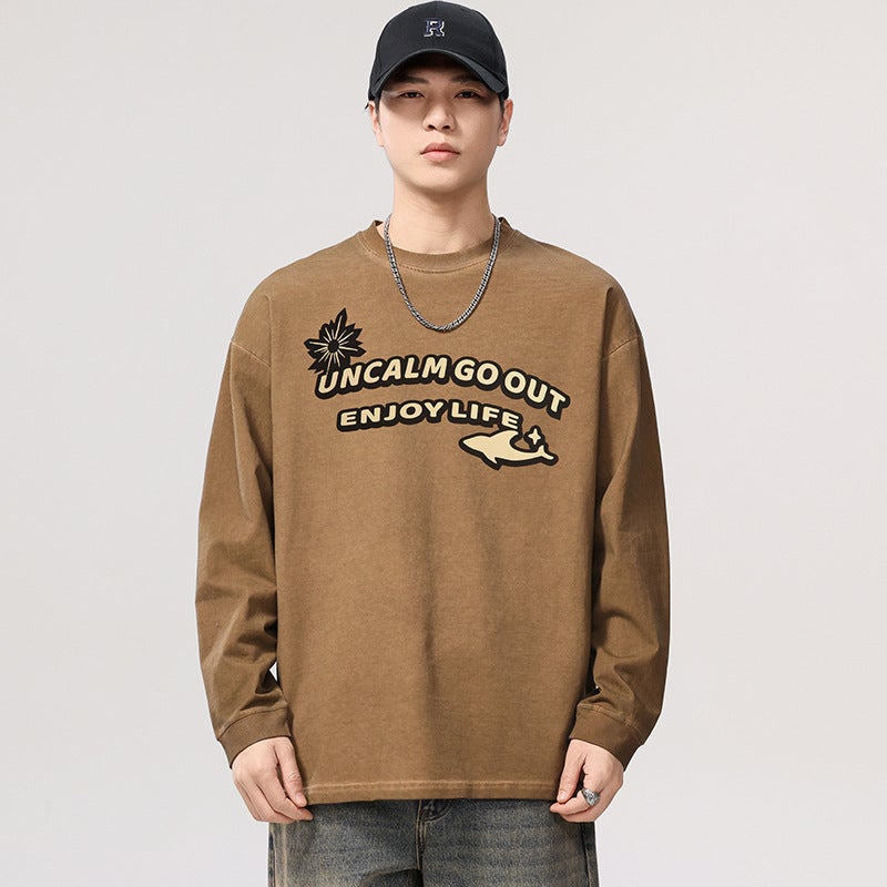 F1280 ?? | Plus Size Men''s Autum New Product 280g Heavy Printed Long-Sleeved T-Shirt Loose Retro Distressed Top for Men - Image 5
