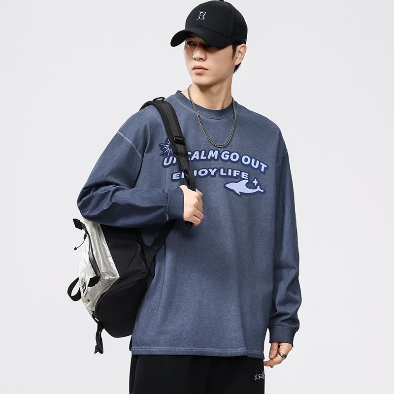 F1280 ?? | Plus Size Men''s Autum New Product 280g Heavy Printed Long-Sleeved T-Shirt Loose Retro Distressed Top for Men - Image 2