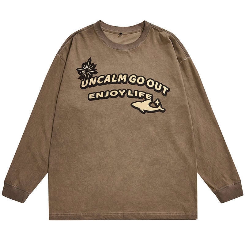 F1280 ?? | Plus Size Men''s Autum New Product 280g Heavy Printed Long-Sleeved T-Shirt Loose Retro Distressed Top for Men - Image 1