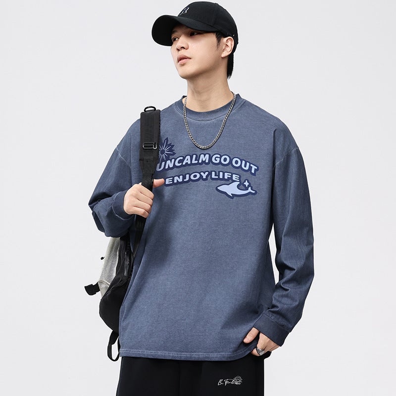 F1280 ?? | Plus Size Men''s Autum New Product 280g Heavy Printed Long-Sleeved T-Shirt Loose Retro Distressed Top for Men - Image 3