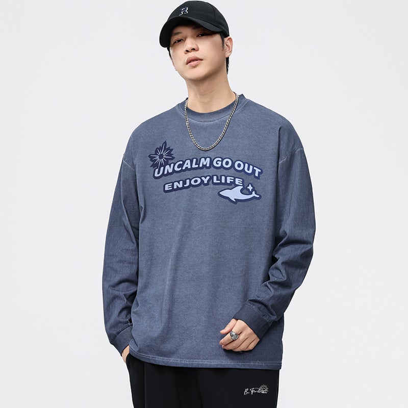 F1280 ?? | Plus Size Men''s Autum New Product 280g Heavy Printed Long-Sleeved T-Shirt Loose Retro Distressed Top for Men - Image 4
