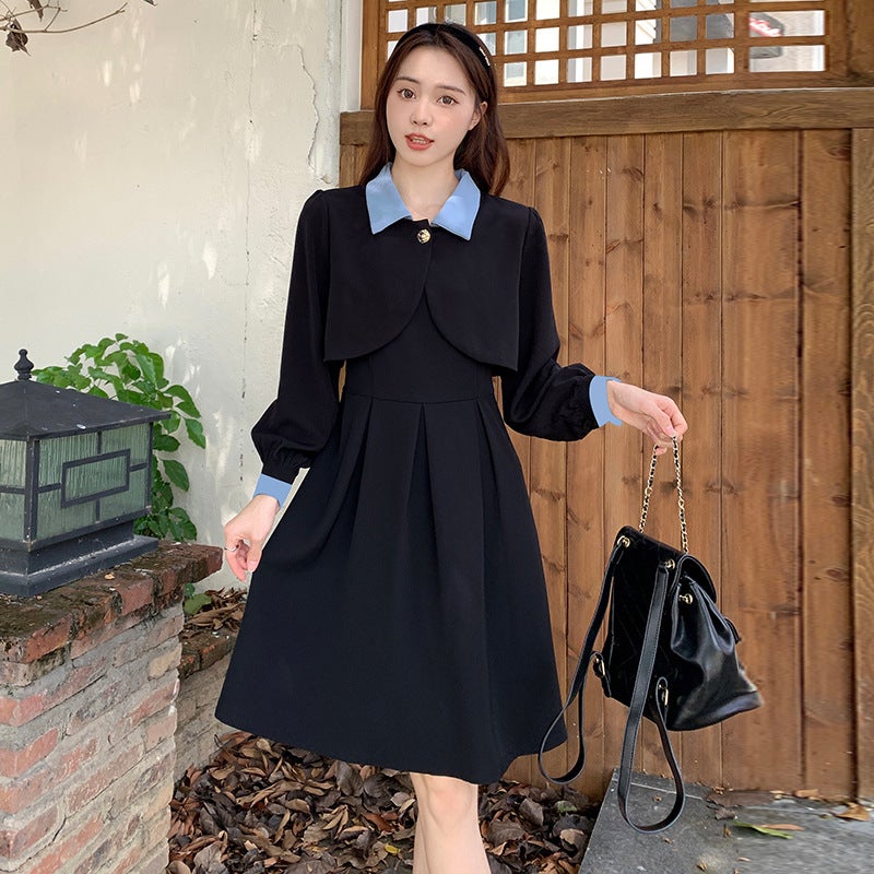 plus size Chubby Girls Short Coat Top Womens Pleated A- Shaped Black Sling Super Slim Waisted Dress Set #2325 Skirt Two-Piece Set