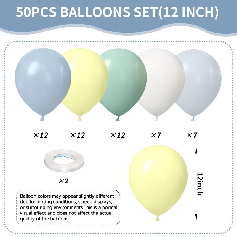 Sowide Blue and Green Balloons, Baby Shower Balloons 50Pcs 12 Inch Pastel Light Green White Baby Blue Yellow for Kid Boy First 1st Birthday Decorations Party Blue and White Baby Shower Supplies - Image 2