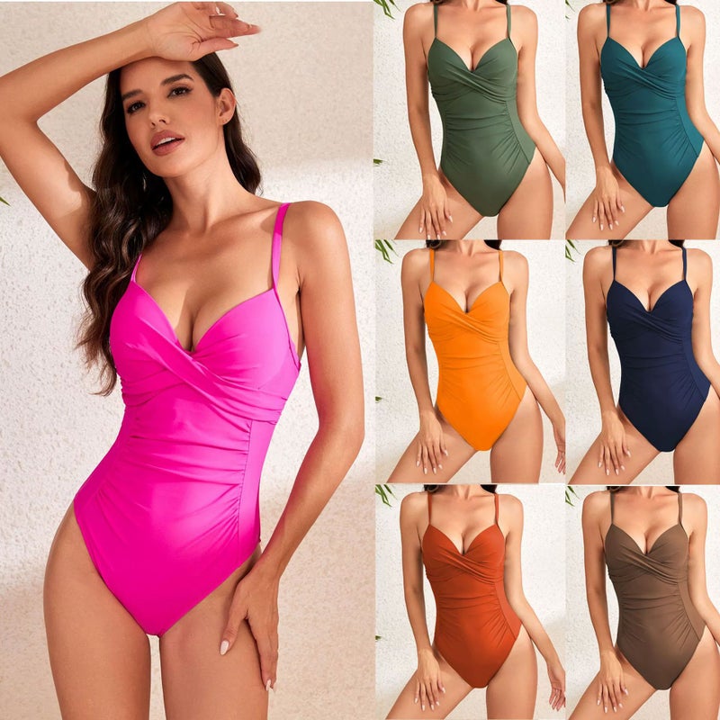 One-Piece Bikini Swimsuit High Waist Pleated Solid Color Hard Bag Spring Swimsuit - Image 2