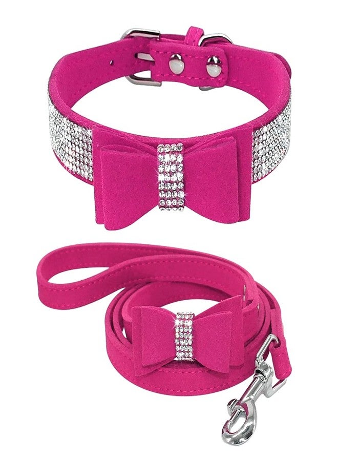 Beirui Rhinestone Bling Leather Dog Collar and Leash Set - Soft Flocking Sparkly Crystal Diamonds Studded - Cute Double Bowknot Cat Collar with 4 Foot Leash for Pet Show,Hot Pink,Neck:6-8" - Image 1