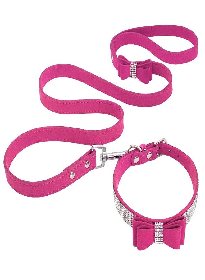 Beirui Rhinestone Bling Leather Dog Collar and Leash Set - Soft Flocking Sparkly Crystal Diamonds Studded - Cute Double Bowknot Cat Collar with 4 Foot Leash for Pet Show,Hot Pink,Neck:6-8" - Image 5