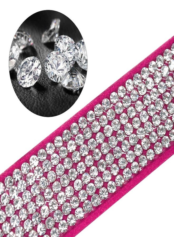 Beirui Rhinestone Bling Leather Dog Collar and Leash Set - Soft Flocking Sparkly Crystal Diamonds Studded - Cute Double Bowknot Cat Collar with 4 Foot Leash for Pet Show,Hot Pink,Neck:6-8" - Image 3