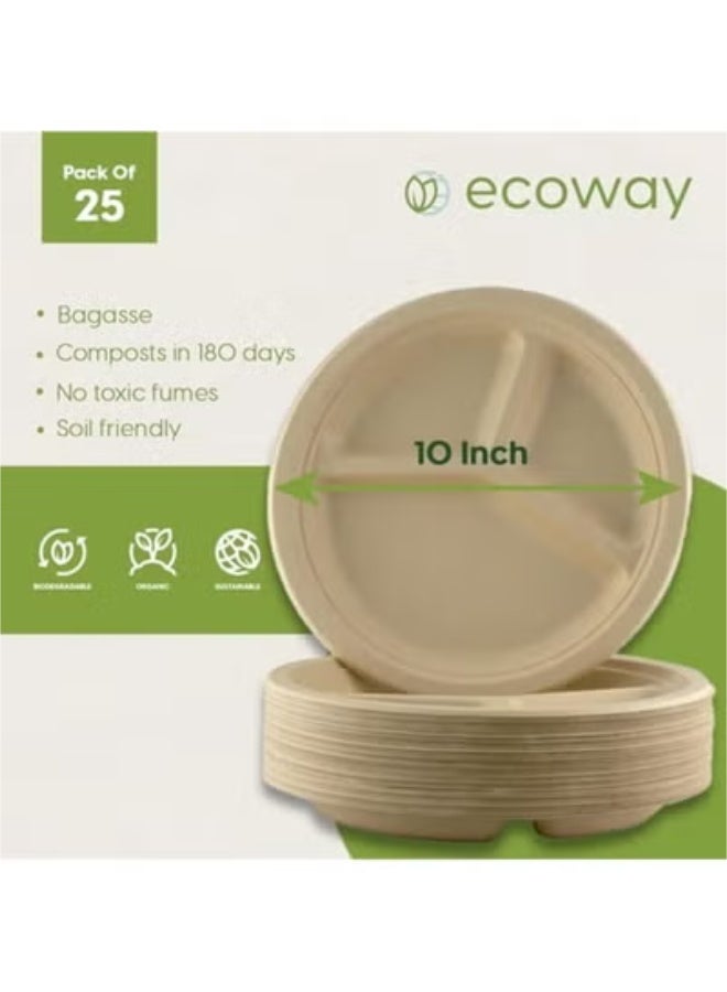ECOWAY أطباق إيكواي القابلة للتصرف مقسمة 10 إنش ثقيلة الوزن صديقة للبيئة 100% من ألياف الباجاس القابلة للتحلل والقابلة للتسميد بديل ورقي مستدام [عبوة من 25] - Image 3