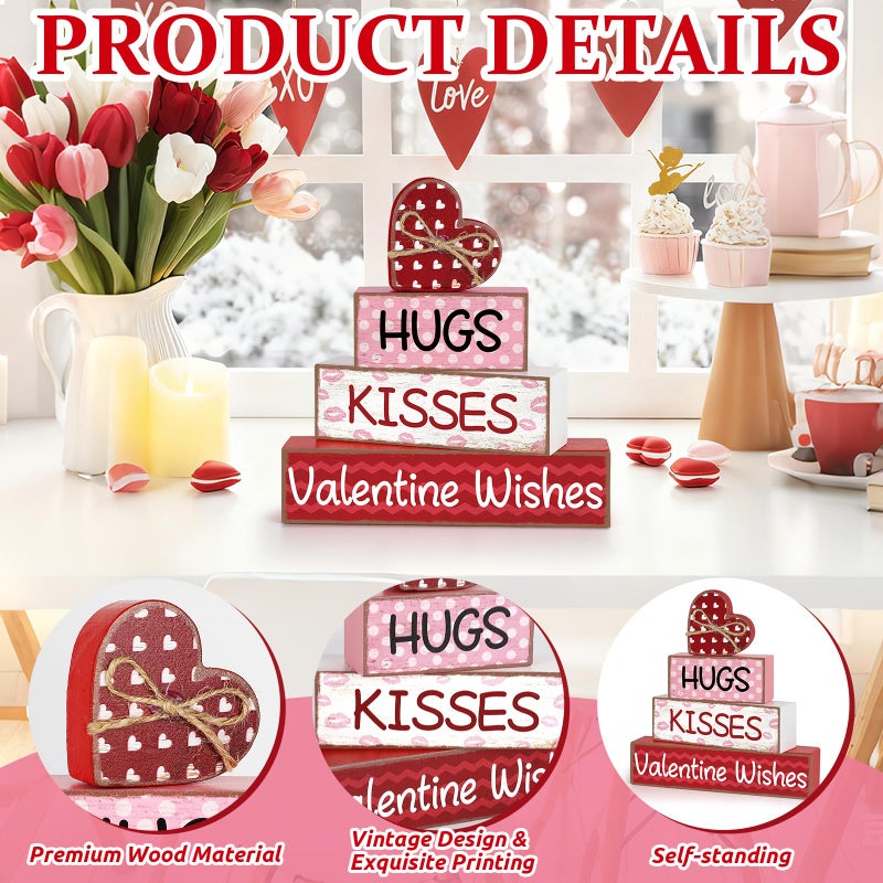 Sealmic 4 Pcs Valentines Day Table Decorations Centerpieces Valentine Wooden Block Table Sign Vintage Heart Tabletop For Tiered Tray Pink Red Farmhouse Wood Signs Indoor Shelf Office Desk Home Wedding Party - Image 3