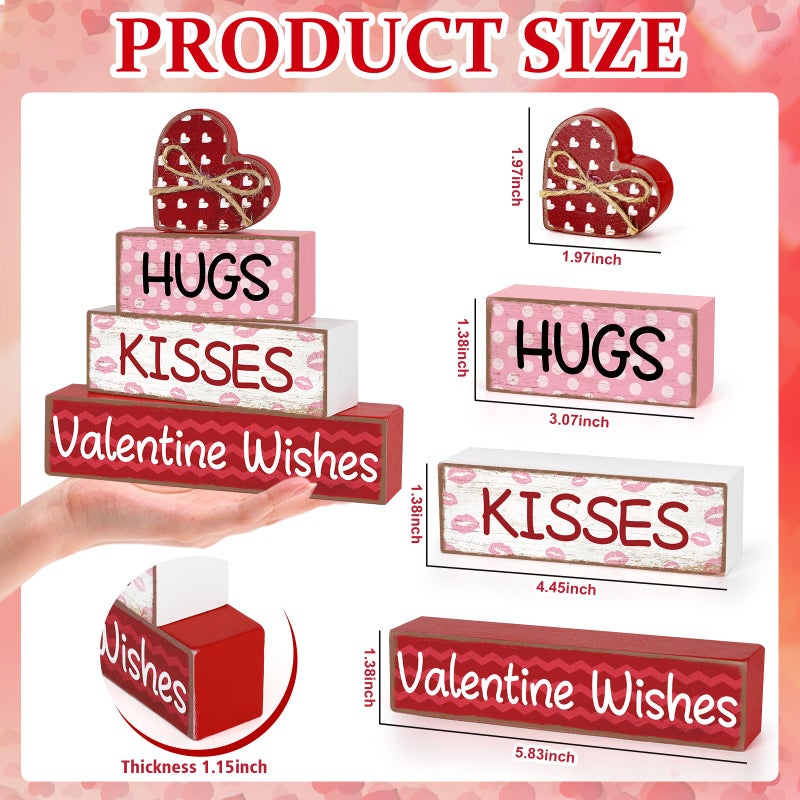 Sealmic 4 Pcs Valentines Day Table Decorations Centerpieces Valentine Wooden Block Table Sign Vintage Heart Tabletop For Tiered Tray Pink Red Farmhouse Wood Signs Indoor Shelf Office Desk Home Wedding Party - Image 2