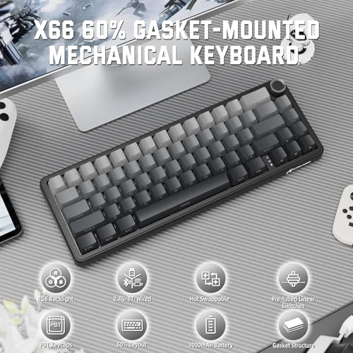 MAMBASNAKE Attack Shark X66 Gasket Wireless Mechanical Keyboard with Volume Knob60 Bluetooth24GHzWired Gaming KeyboardRGB BacklitSide Printed PBT Keycaps66 Keys Hot Swappable for PCMACBlack - Image 3