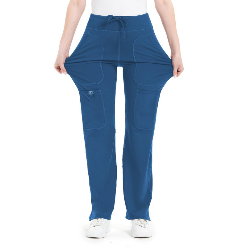 QBK Yoga Scrub Pants Women Mid Rise Yoga Work Pants- Five Pocket Cargo Scrub Pant (Large, Royal Blue) - Image 1