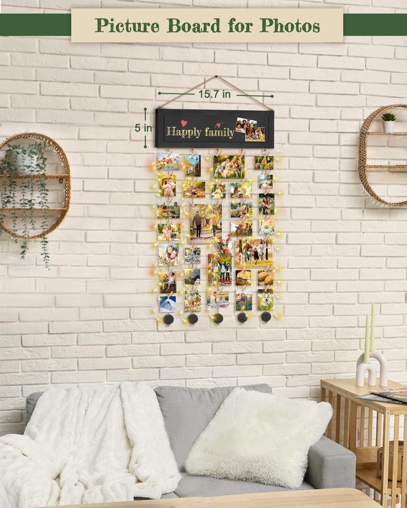 Bikoney Picture Frames Collage Photo Hanging Display Picture Board Wood Rustic Frames for Wall Decor with Blackboard and 30 Clips Vintage Black - Image 3