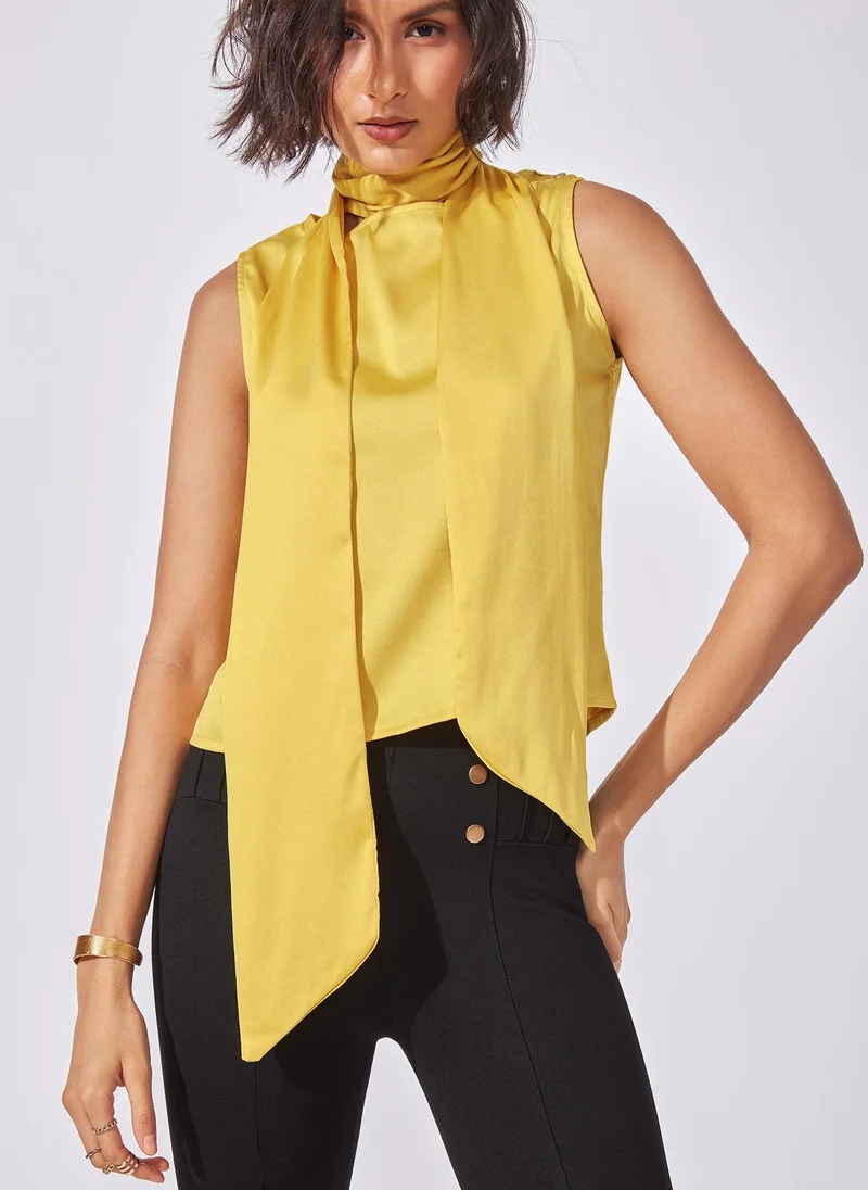 The Label Life Mustard Neck Tie-Up Satin Top