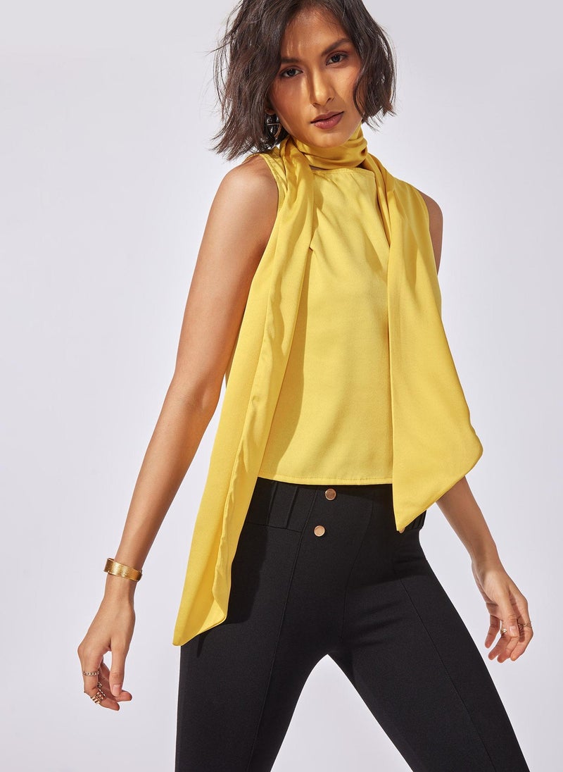 The Label Life Mustard Neck Tie-Up Satin Top  - Image 3