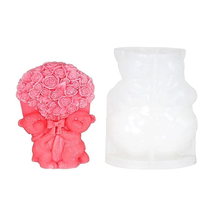 HUSAINI MART Silicone Valentines Day Candle Mold Teddy Bear Holding Bouquet Making Scented Candle Wax Melts Home Decor Candles Resin Casting Handmade Couple Gift DIY Soap Making Wedding Decor