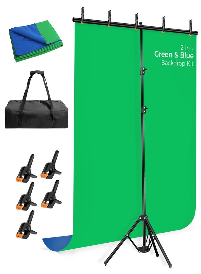 EMART Blue Green Screen Backdrop Kit with Reverse Folding Base, 5x6.5ft Portable T-Shape Backdrop Stand with 2-Sided Reversible Background for Photography, Zoom, Streaming and Studio Video Recording - Image 1