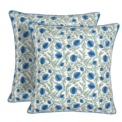 Ridhi Block Print Queen Blue Pillow Cover 20 x 20 Pack of 2 Decorative Couch Pillows for Living Room Farmhouse Chic Boho Cute Outdoor Pillows Covers Gifts for Spring Mothers Day - Image 1