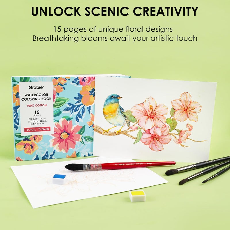 Grabie Watercolor Coloring Book, 15 Sheets Art Pad A5 (8.3 x 5.8), Cotton Watercolor Book for Adults(Floral) - Image 2