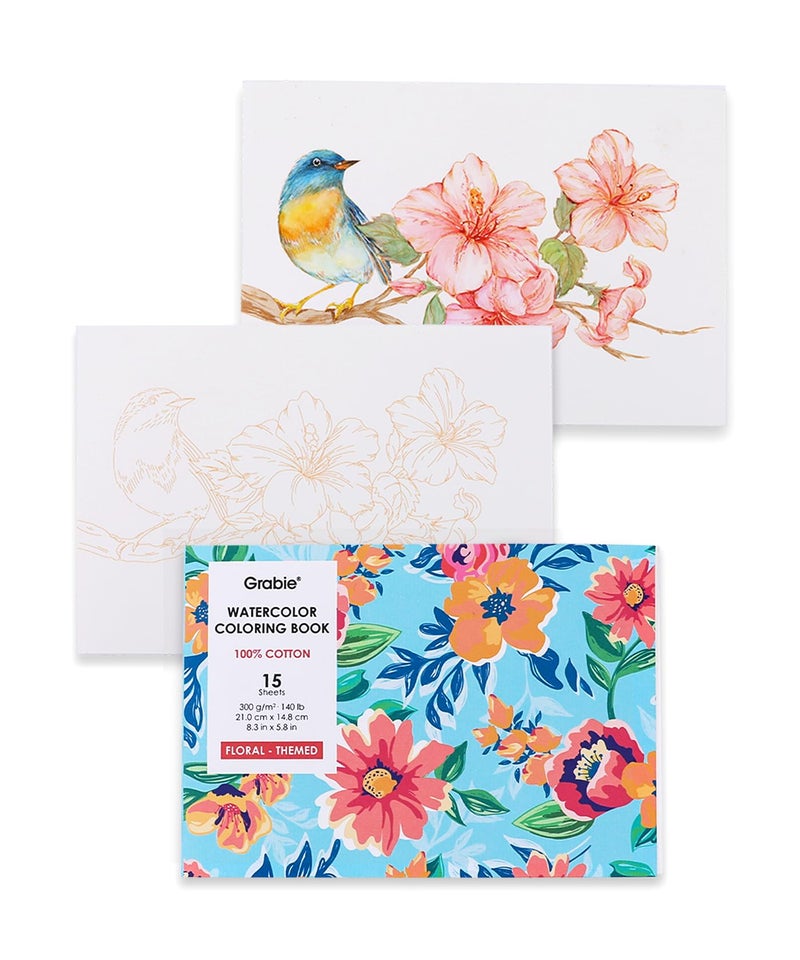 Grabie Watercolor Coloring Book, 15 Sheets Art Pad A5 (8.3 x 5.8), Cotton Watercolor Book for Adults(Floral) - Image 1