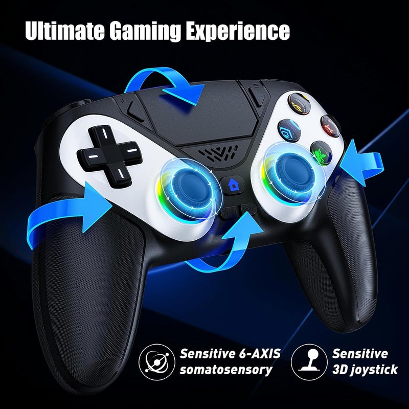 Gamrombo وحدة تحكم لاسلكية LED من Gamrombo لـ PS5، متوافقة مع PS5 Pro/Slim/PC، اهتزاز مزدوج، وظيفة ماكرو/توربو، مقبس صوت 3.5 مم، تحكم حركي بستة محاور مع مكبر صوت (أسود) - Image 4