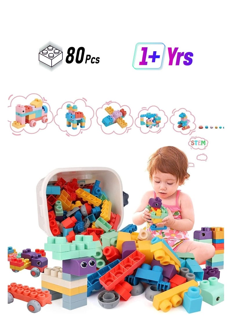Soft Building Blocks Toys,80 Pcs Build Blocks Sensory Toys for Kids STEM Educational Sets Learning&Development Toys Stacking Block Kit Educational Infant Blocks for Toddlers Baby 1-5 Years Old  - Image 1