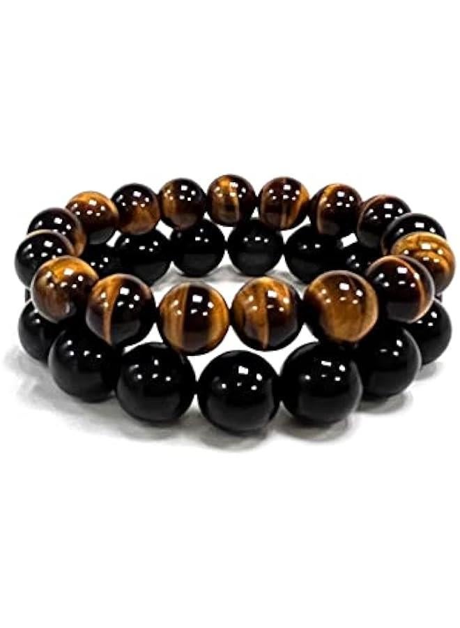 Arabest Natural obsidian crystal bracelet,Tigers eye black obsidian 10/12/13mm beads bracelet for men and women, Jewelry Healing elasticized Bracelets Bring Luck and happyness Prosperity.Mom/Dad/Wife/Employee gift - Image 1