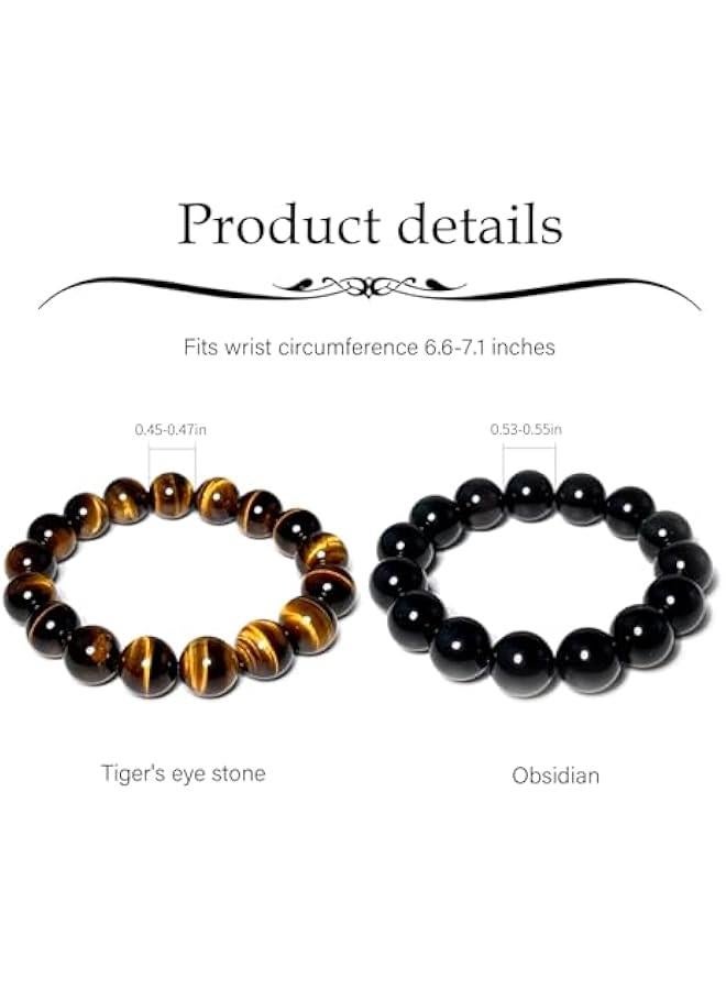 Arabest Natural obsidian crystal bracelet,Tigers eye black obsidian 10/12/13mm beads bracelet for men and women, Jewelry Healing elasticized Bracelets Bring Luck and happyness Prosperity.Mom/Dad/Wife/Employee gift - Image 2