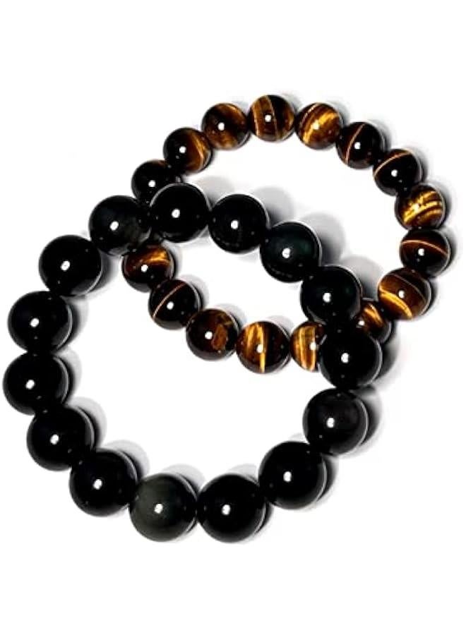 Arabest Natural obsidian crystal bracelet,Tigers eye black obsidian 10/12/13mm beads bracelet for men and women, Jewelry Healing elasticized Bracelets Bring Luck and happyness Prosperity.Mom/Dad/Wife/Employee gift - Image 3