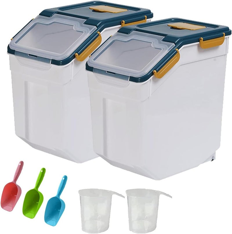YXQ 25LB Large Flour Storage Container Bin ,2 Pack Airtight Plastic with Wheels Seal Locking Lid Dispenser Organizer Storage Bin with Measuring Cup & Scoop for Flour, Rice, Grain 50LBS Total - Image 1