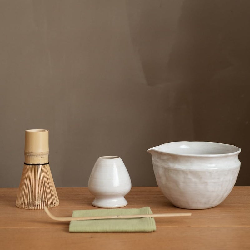 WUSEI 6-pcs Japanese Matcha Whisk Set with Handmade Wabi-Sabi Ceramic Bowl(Chawan),Bamboo Chasen, Whisk Holder, Scoop, Sifter & Tea Towel,Matcha Ceremony Kit,(Light Veil Gray) - Image 1