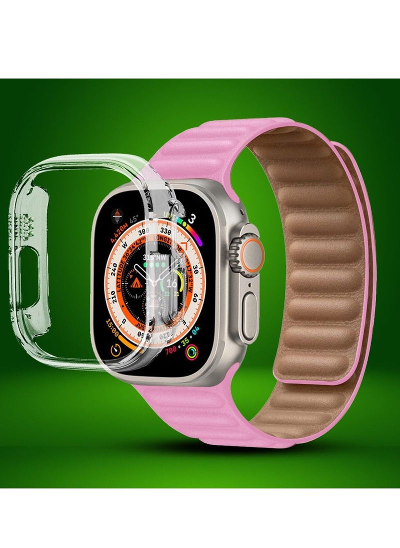 CATANES - 2 Packs For Apple Watch Band 49mm Leather Link Strap Magnetic Loop Bracelet and Clear Cup Holder Pink - Image 1