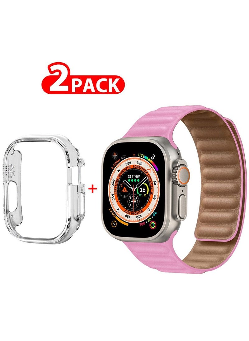 CATANES - 2 Packs For Apple Watch Band 49mm Leather Link Strap Magnetic Loop Bracelet and Clear Cup Holder Pink - Image 1