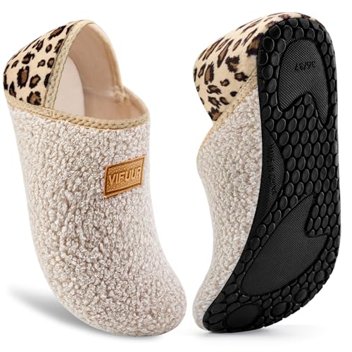 VIFUUR House Slippers for Women Men Slip on Indoor Barefoot Slipper Socks Fuzzy Cozy Sock Shoes for Home Bedroom Travel Beige Leopard,40/41 - Image 1