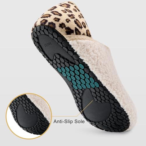 VIFUUR House Slippers for Women Men Slip on Indoor Barefoot Slipper Socks Fuzzy Cozy Sock Shoes for Home Bedroom Travel Beige Leopard,40/41 - Image 4
